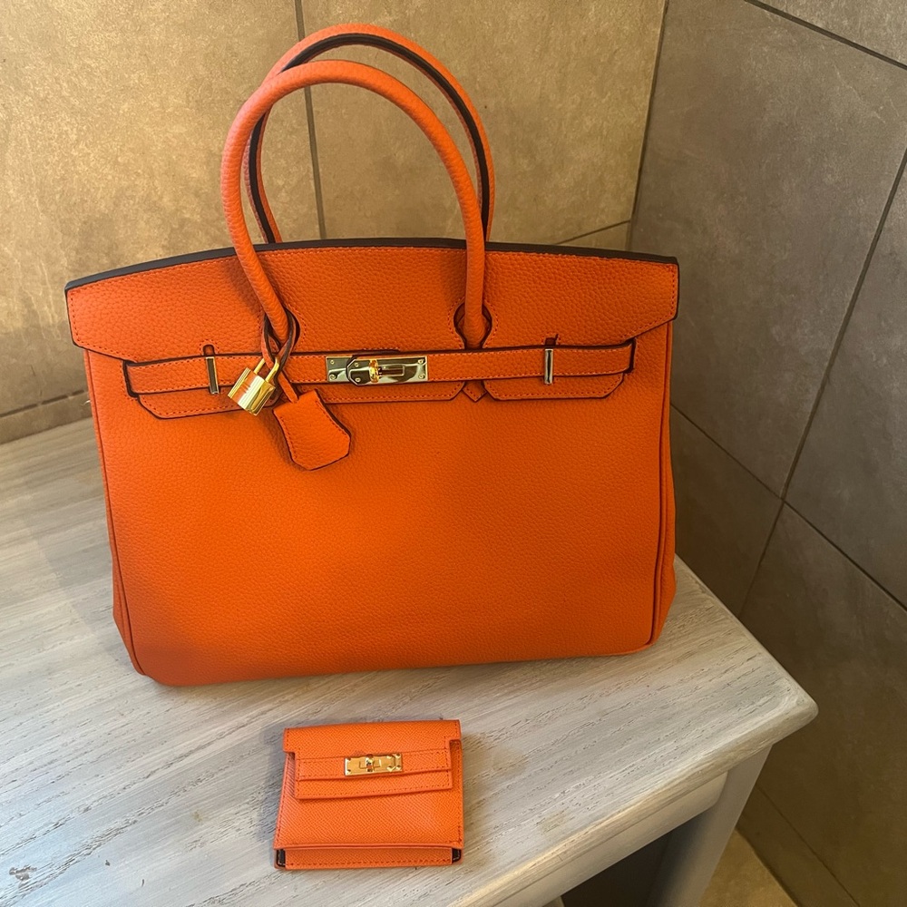 Orange leather  Women's Satchel with wallet - Picture 3 of 5